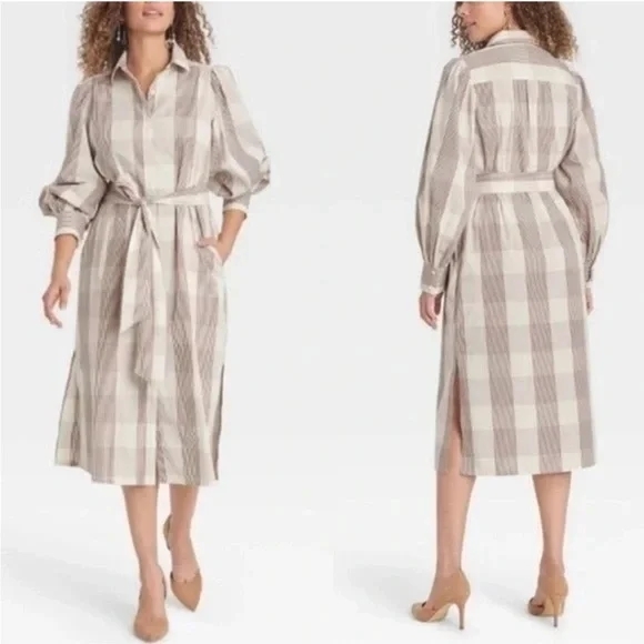 a new day Dresses & Skirts - Womens Cream Check Shirtdress Gingham Long Sleeve High Cuff New Day